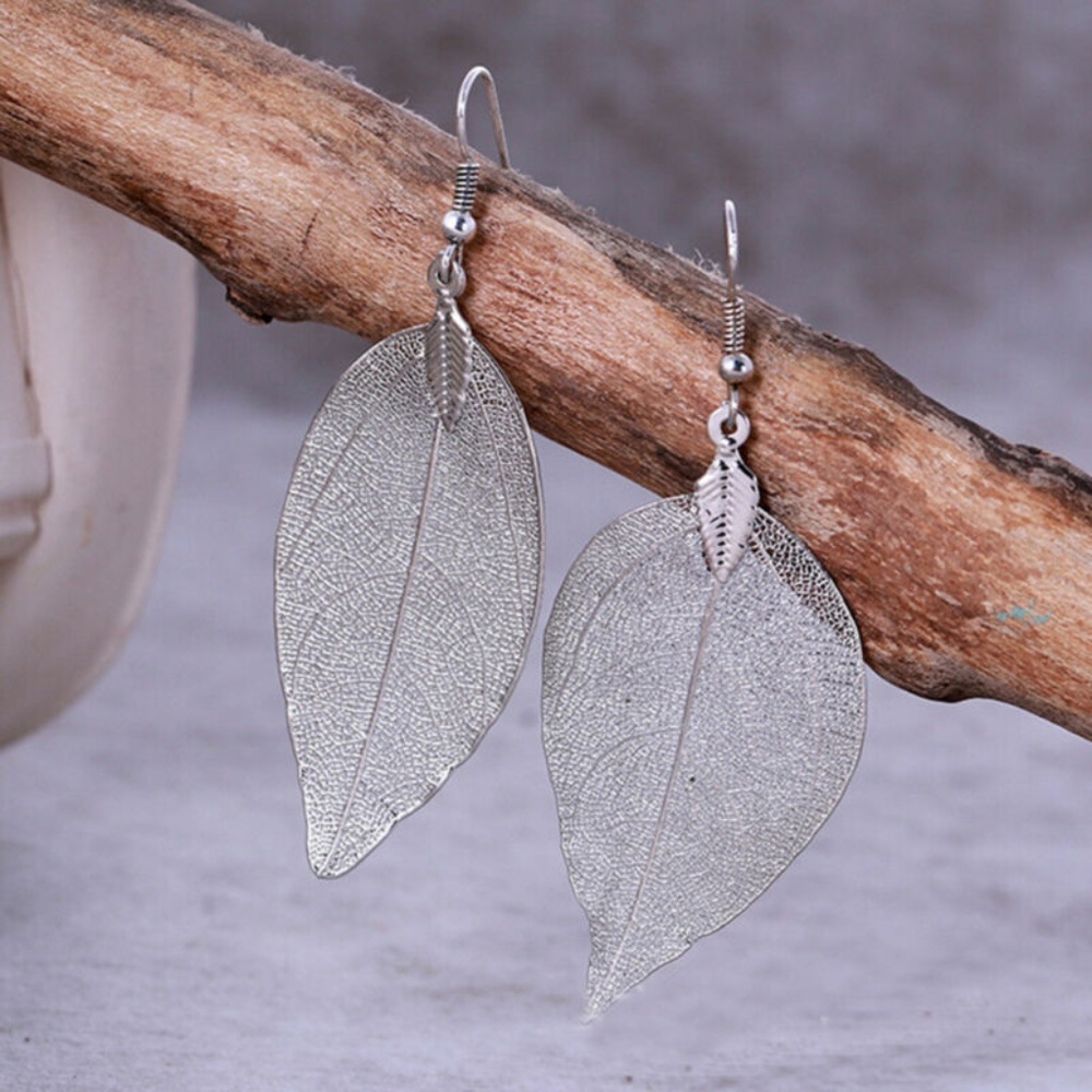 Silver Dipped Real Leaf Earrings